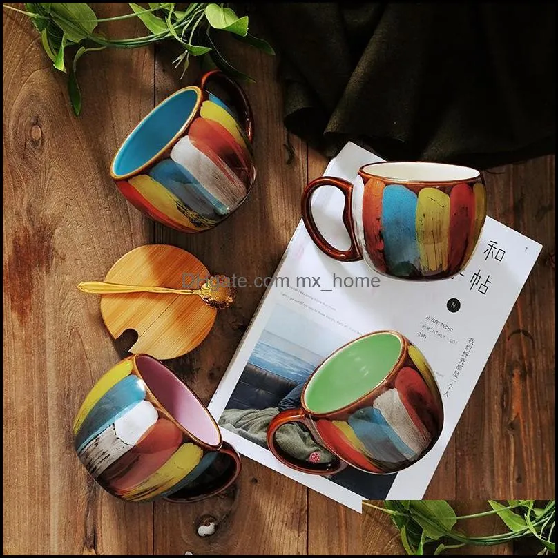 mugs 350ml creative hand painted coffee mug ceramic cup with wooden lid&spoon cafe bar drinkware home office breakfast