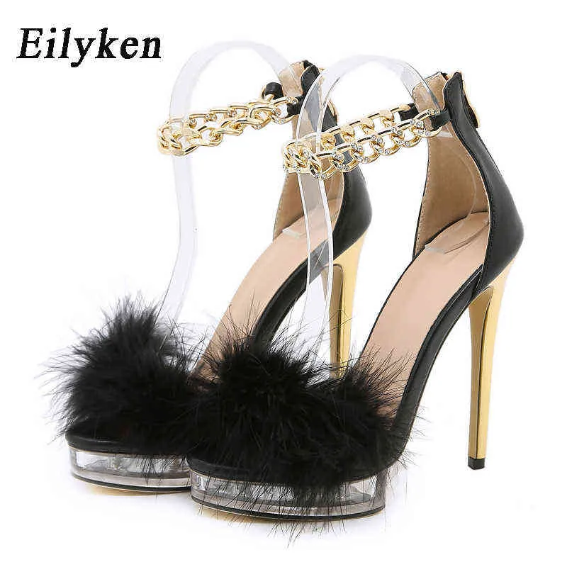 Sandals Eilyken Summer Women Sexy Gladiator Round Nose Metal Decoration Feather Sandals Platform Plexiglas Zipper Ladies High Heel Shoes 220318