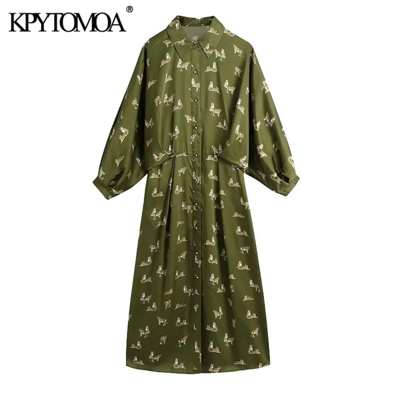 KPYTOMOA KVINNOR 2021 CHIC Fashion Animal Print Midi Shirt Dress Vintage Lantern Sleeve Button Up Female Dresses Vestidos Mujer 210319