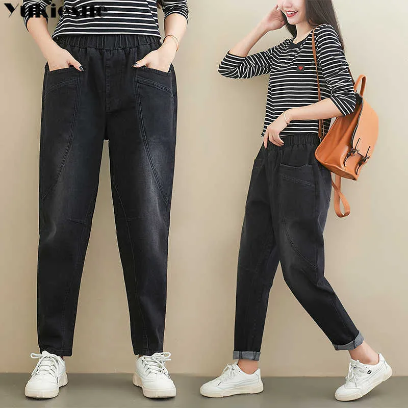 Vrouwen hoge taille fluweel dikke jeans vrouwelijke winter losse stretch warme jean harem broek moeder zwarte denim broek met fleece 210608