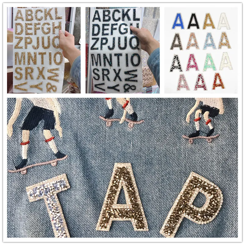 A-Z Rhinestone English Letter Patches Bling Rhinestone Letter ملصقات ملصقات ملصقات ذاتية لاصق.