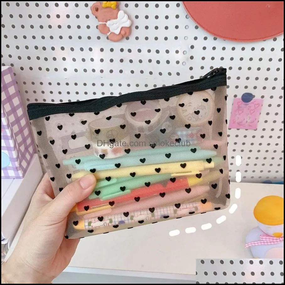 Storage Bags Mesh Cosmetic Makeup Holder Cute Transparent Zipper Black Heart Printed Pencil Pen Case Pouch Convenient To Carry