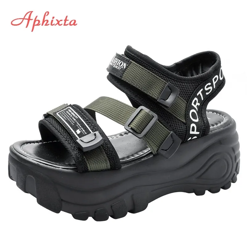 Aphixta 6 cm dicke Bodenplattform Sandalen Frauen Diamantkristalle Höhe Erhöhung der Schuhe Frauen Leinwand Sommerschnallen Frau Sandale 210226