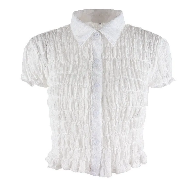 White Lace Ruffle Top with Turn-Down Collar for Women