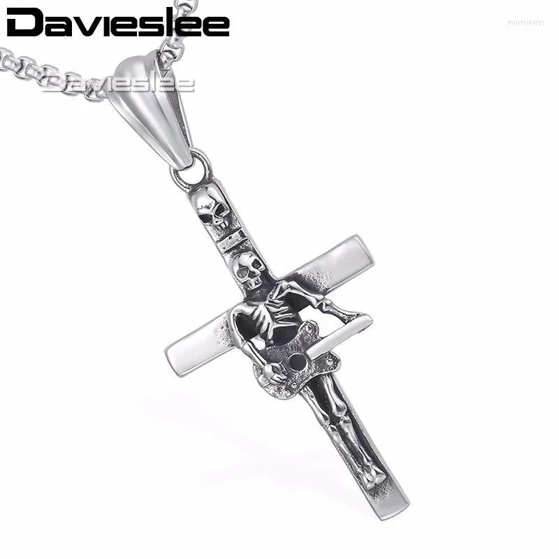 Davieslee Gothic Mens Chain Guitar Skull Cross Pendant Halsband 316L Rostfritt stål Box Länk Silverfärg LHP549 Kedjor MORR22