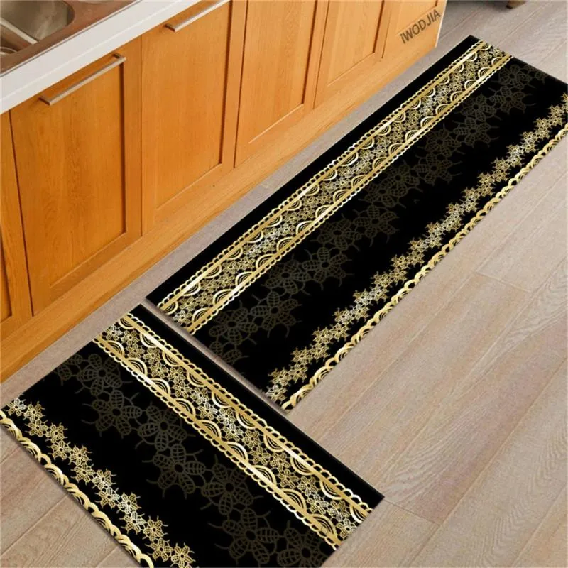 Alfombras, alfombrilla negra para cocina con flor pequeña dorada, decoración de lujo, entrada para el hogar, mesita de noche para dormitorio, alfombrillas antideslizantes para baño