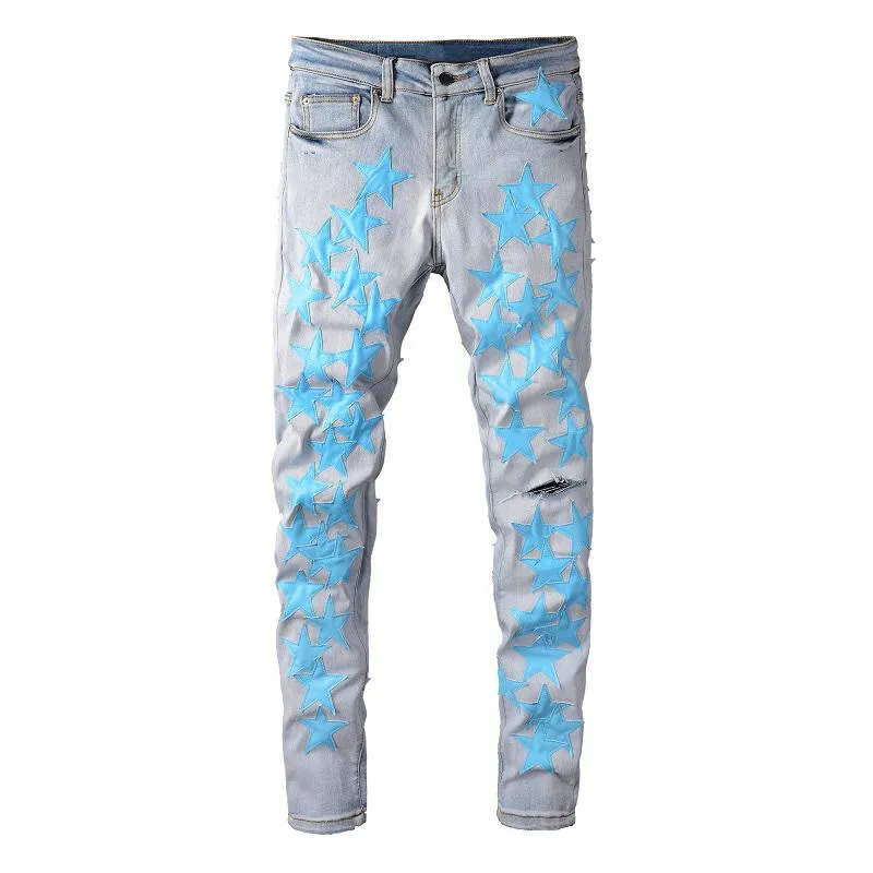 Men's Jeans Men Leather Stars Patches Denim Streetwear Sky Blue Patchwork Stretch Skinny Pants Holes Ripped Distressed TrousersMen's