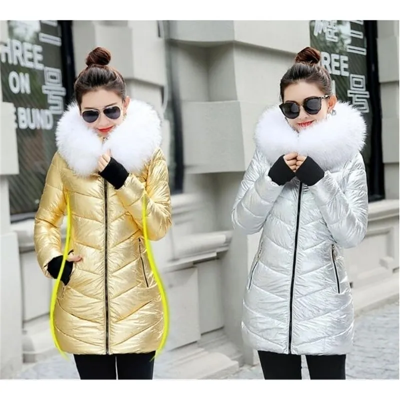 秋の冬のジャケット女性ホワイトファーカラーパーカースリムフードドは暖かいメスをキープダウンコットパッドコートプラスサイズ201027