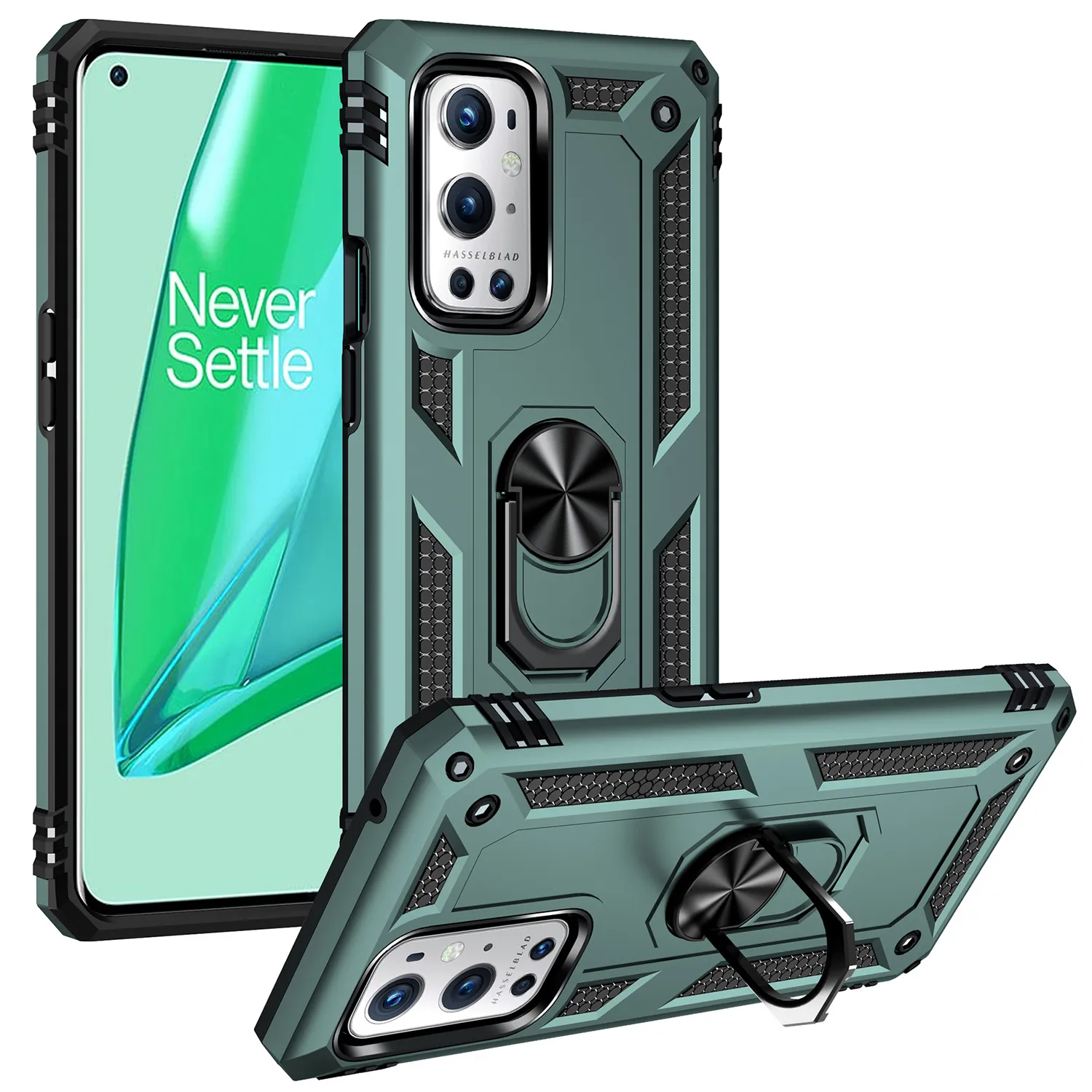 OnePlus 9 Pro Anti-Fall Armor Back Coverの車の磁気ホルダー電話ケース9メタルフィンガーリングスタンド