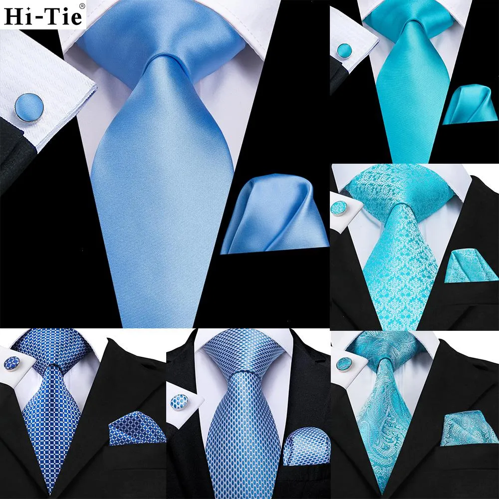 Light Blue Solid Silk Wedding Nicktie For Men Hanky Cufflink Tie Set Business Party Dropshipping Novelty Design