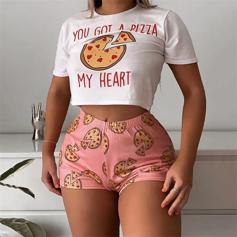 OMSJ Women Two Piece Set Summer Short Sleeve Crop Top and Shorts Pizza Pattern Print Matching Suit Lady Lounge Wear Outfits 210302