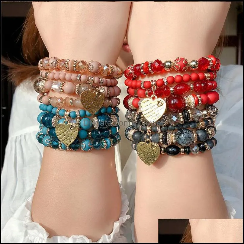 Bracelets de charme J￳ias Moda de j￳ias Bracelete de contas bo￪mia para mulheres Mothyer Stretch Set Heart Dhq7L