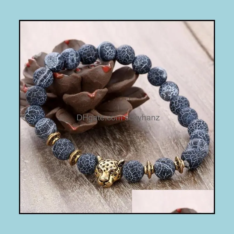 JLN Leopard Power Beads Bracelet Lava Weathering Agate Gold Sand Gemstone Beaded Stretch Couple Bracelet For Man Woman