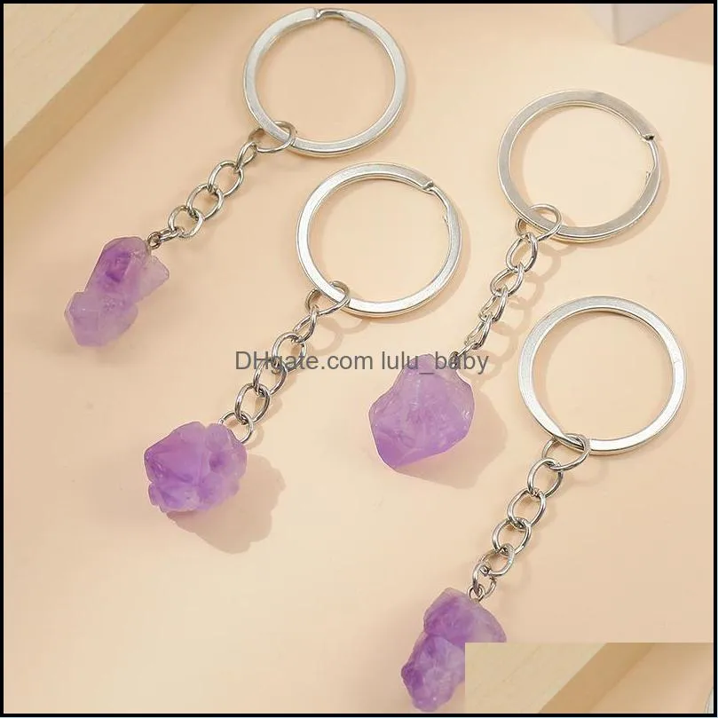 Natural Stone Amethyst Crystal Key ring KeyChain Pendant Keyrings Bag Accessories Jewelry