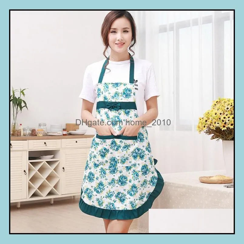 new printed apron with pockets waterproof floral bib kitchen soil release bowknot home textiles breech cloth sn1188