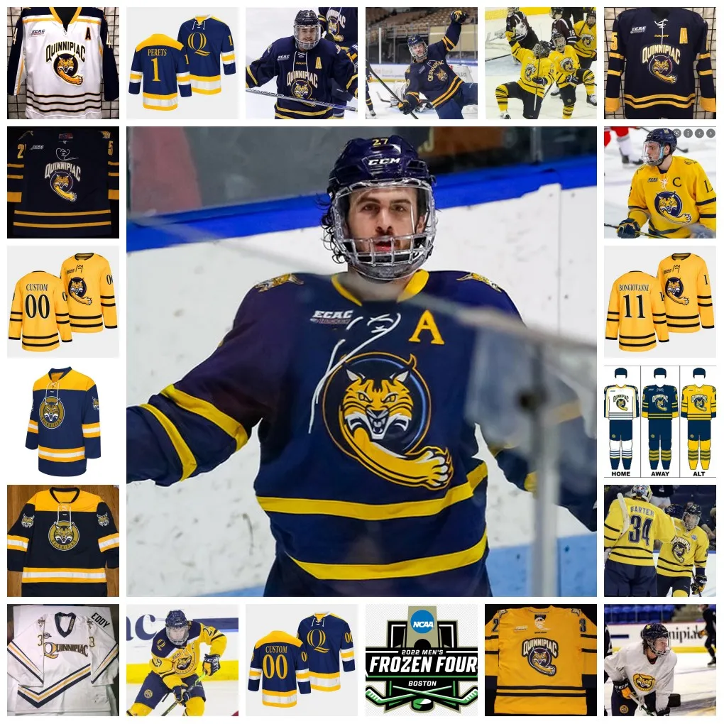 2022 NCAA Frozen Four Custom QU Quinnipiac Bobcats Hockey-Trikots 7 Marcus Chorney-Trikots 8 Nick Bochen 10 Ethan de Jong (A) 11 Wyatt Bongiovanni (C) 12 Oliver Chau-Trikots