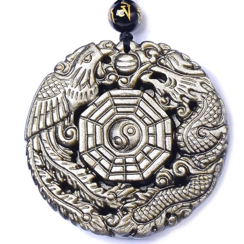 Pendant Necklaces Natural Gold Obsidian Necklace Dragon Phoenix With Chain The Eight Trigrams Amulet Peace Mascot For Men/Women