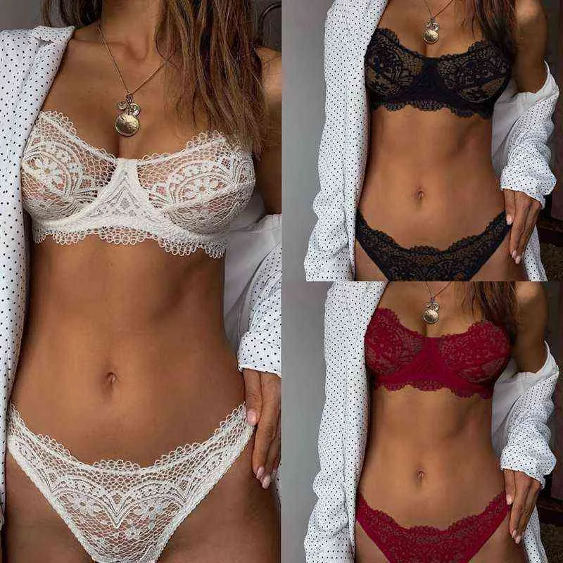 Bra And Panty Set Women Underwear Lace Lingerie Open Cup See Through Thong Floral Embroidery Underwear Transparent Bra Set L220727