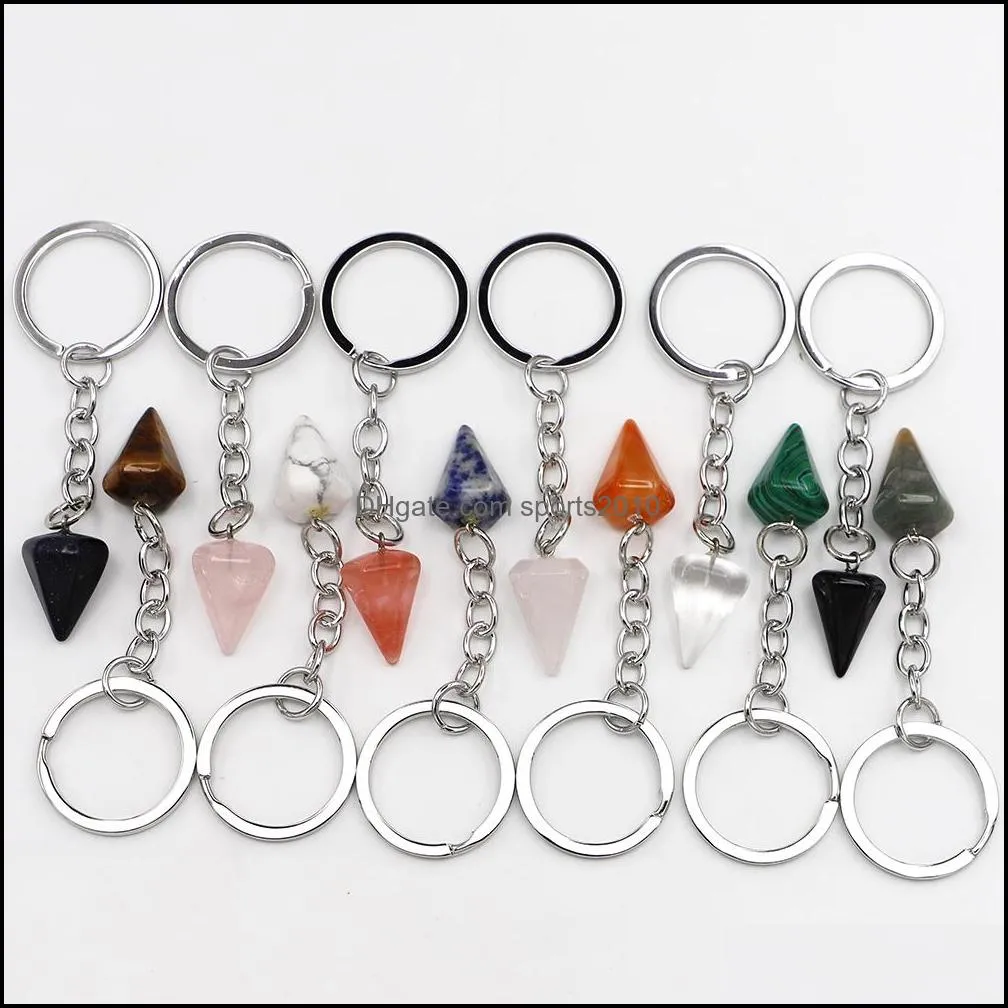 natural stone key rings polygonal cone column women crystal rose quartz keychain on bag car jewelry party friends gift