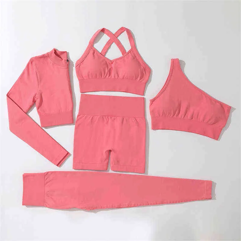 New Yoga Set Five Piece Women Gym Single And Double Band Bra Exercise Butt Lift Sport Shorts Long Pants With Zipper Top J220706