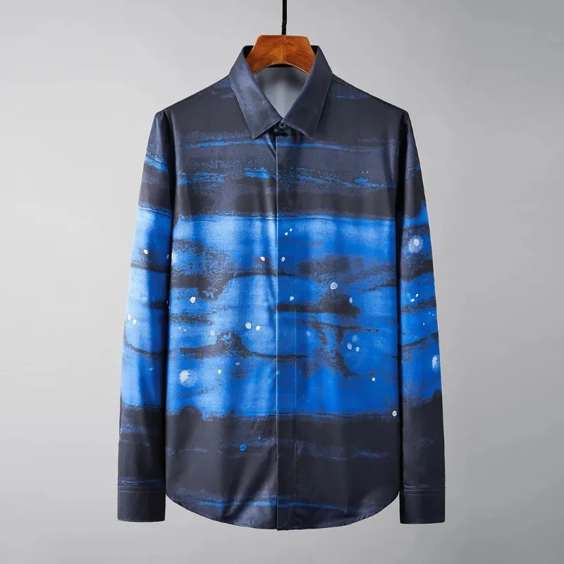 Allover Gedrukt Blauw Heren Shirts Luxe Lange Mouw Zijde Bloemen Casual Mannelijke Shirts Mode Slanke Fit Party Man 3XL