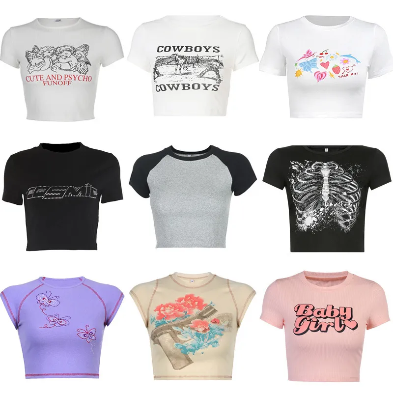 Women's Graphic Print Crop Shirt Kawaii Summer O Neck Short Sleeve Tee Top  E Girl Y2k Aesthetic Clothes(D Patch Gray,S) at  Women's Clothing  store