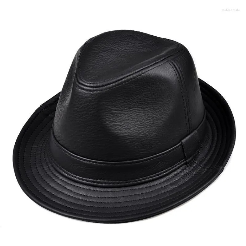 Brede randmode mode echte lederen heer fedora hoed heren herfst winter solide zwarte vintage dad chapeau cowhide cap panama jazz elob22