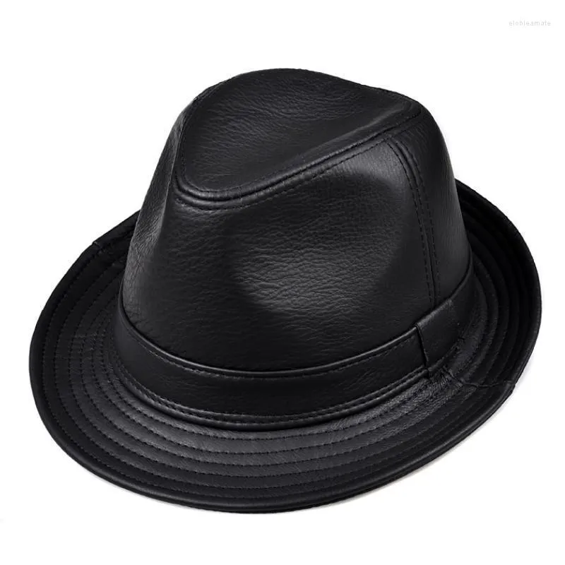 Cappelli a tesa larga Moda Vera pelle Gentiluomo Cappello Fedora Uomo Autunno Inverno Solido Nero Vintage Papà Chapeau Berretto in pelle bovina Panama Jazz Elob22