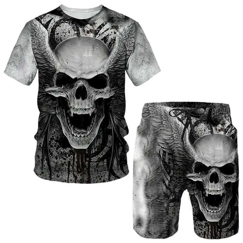 Punk Schedel 3D Gedrukt Oversize T-shirt Shorts Sets Heren Sportkleding Trainingspak Gothic Grafische Tee Tops Zomer Kleding Pak 220524