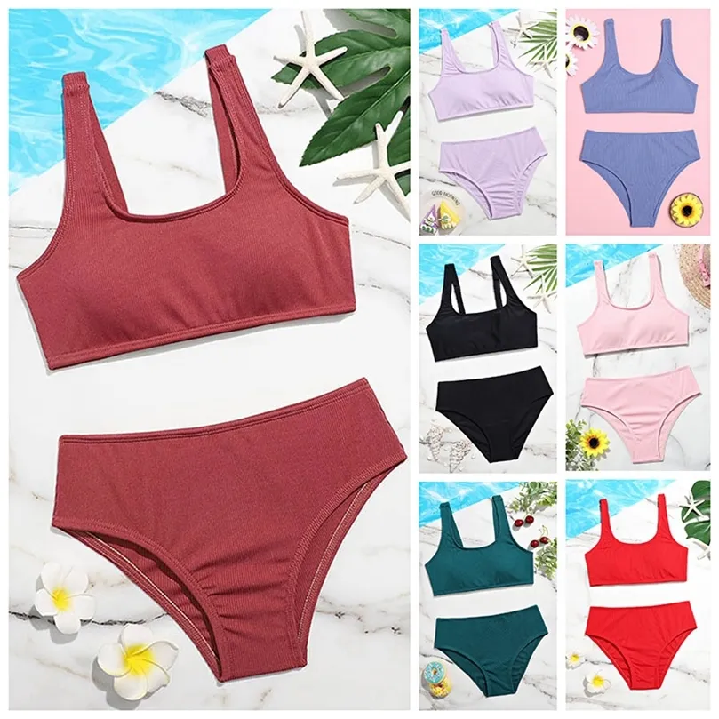 Solid Girl Swimsuit Dzieci żebrowane bikini z wysokiej talii Zestaw podwójnie wyściełania odzieży kąpielowej dla dzieci w kostium kąpielowym Baking Biquini 220426