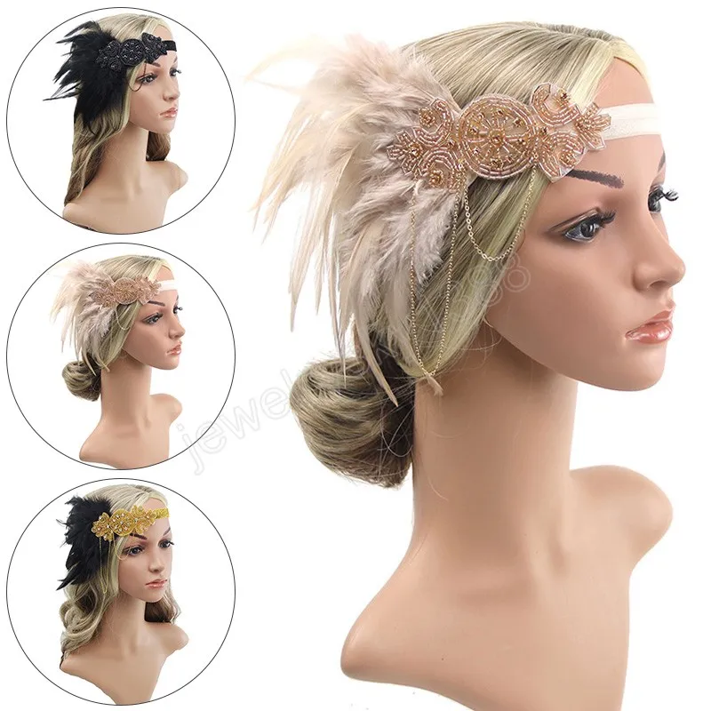 Retro Hair Accessories For Women Girls Headband Rhinestone Sequin Vintage Party Headpiece Beaded Flapper Hair Feather Hairband