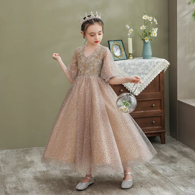 Princess Pink Sequined Tulle Princess Flower Dress With Gold Sequins And Sheer Long Sleeves 2022 Collection From Weddingpromgirl 63.52 DHgate.Com