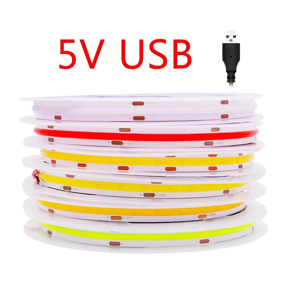 5V LED COB Striscia luminosa USB Alimentato a batteria 320LED / m Strisce di nastro flessibile ad alta densità lineare ad alta densità Bianco Blu Verde Rosso DC5V