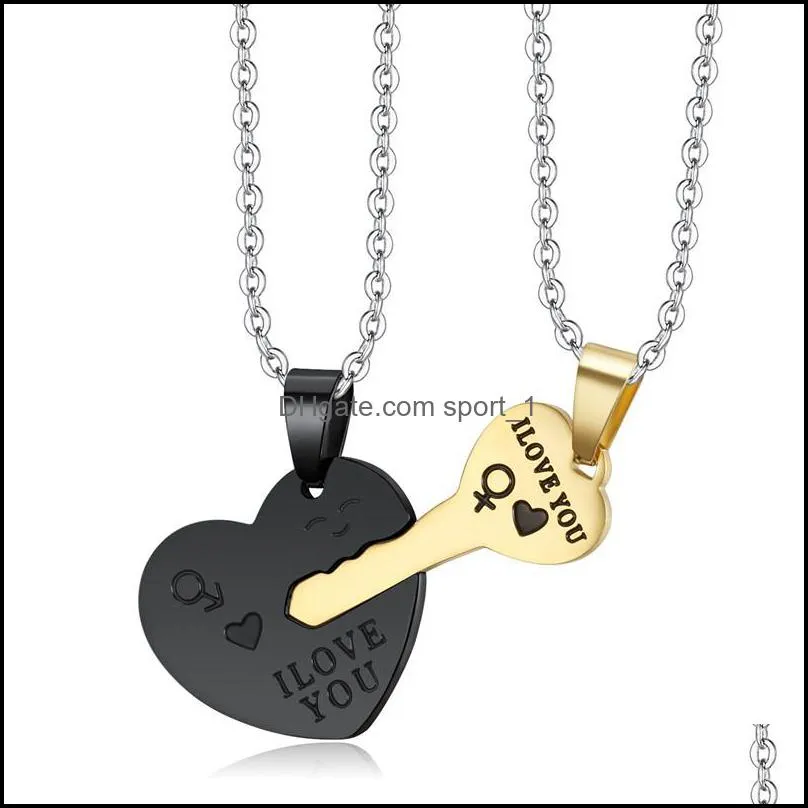 personality romantic couple jewelry iloveyou creative heartshaped key pendant necklace stainless steel accessories couple fashion
