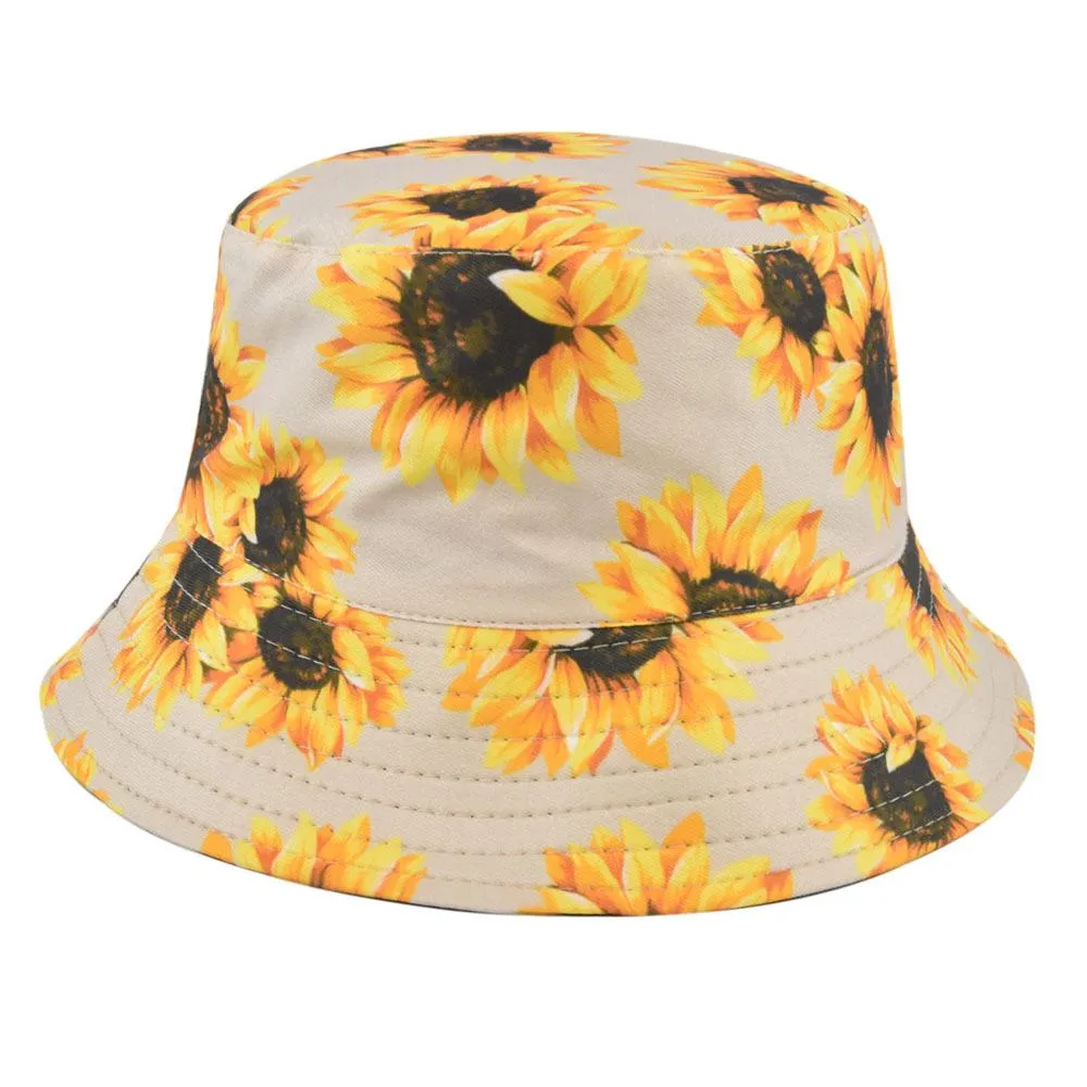Four Seasons Women`s Sunflower Print Bucket Hat Big Brim Fashion Simple Sun Hat Inventory Wholesale
