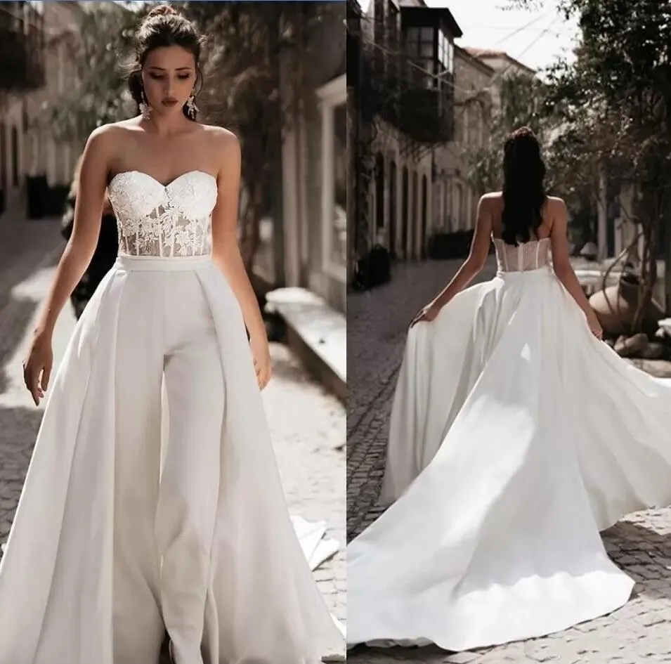 2022 Abiti da sposa a guaina per treno staccabili salti in pizzo senza spalline Vedi sebbene Top Open Back Court Train Dress Abito da spiaggia Ricezione C0609G12