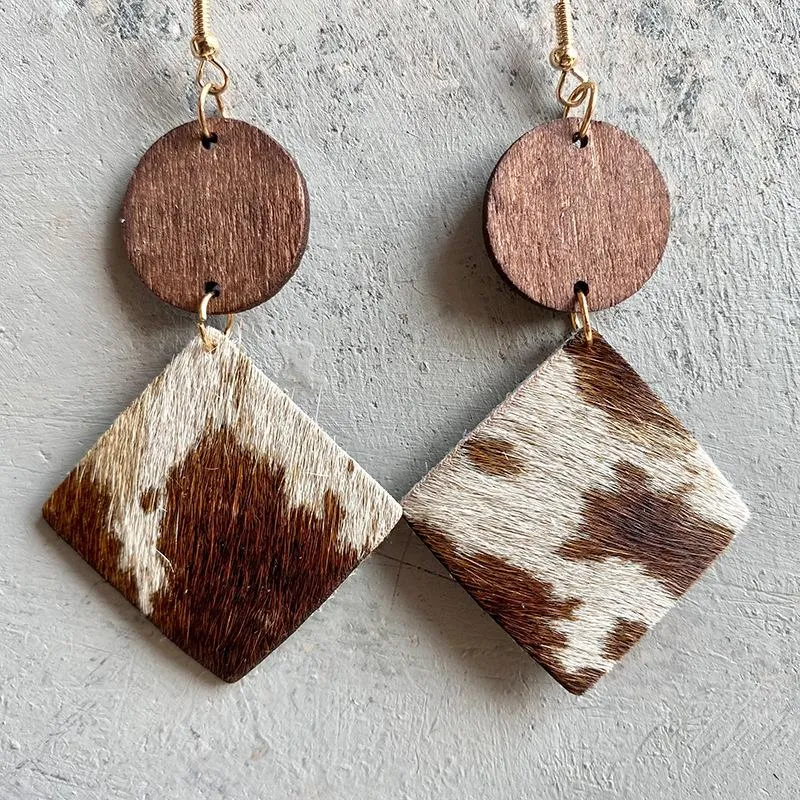 Dangle & Chandelier 2022 Wholesale Leopard Print Horsehair Cowhide Wood Stitching Earrings Bohemian Cow Pattern Geometric Fashion