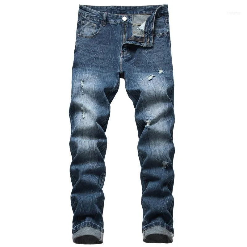 Мужская джинсовая улица разорвала прямую джинсовую джинсовую джинсовую джинсовую ткань, темно-синие повседневные повседневные