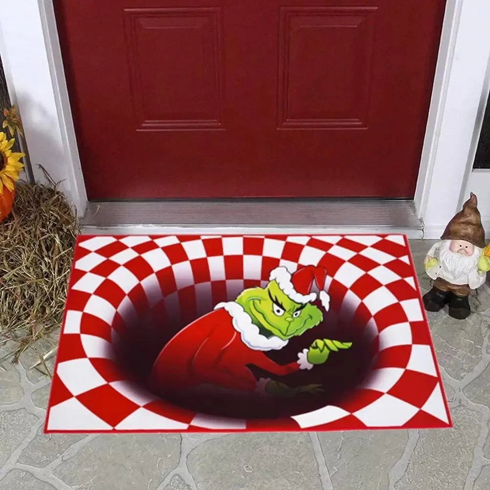 Illusion Doormat Christmas Non-Slip Visual Door Mats Grinch`s for Christmas Santa Indoor Outdoor Home Party Black Mat 50X80CM