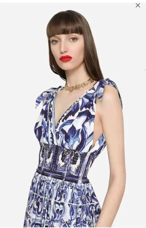 Casual jurken DG zomerblauw en witte porselein printserie sexy v-neck suspender grote swing jurk long rokxwew