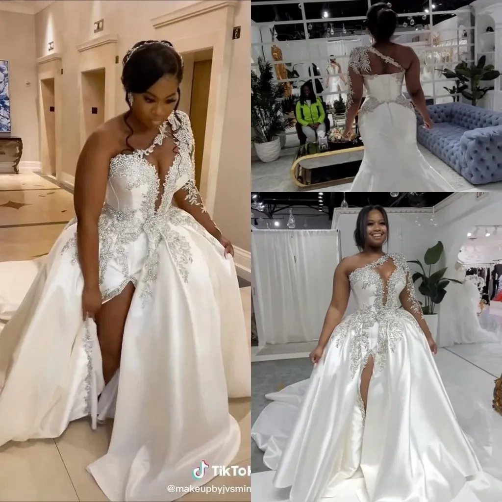 White Plus Size Arabic Aso Ebi Crystals Wedding Dress High Split Sparkly Black Girl One Shoulder Sexy Satin Bridal Gowns
