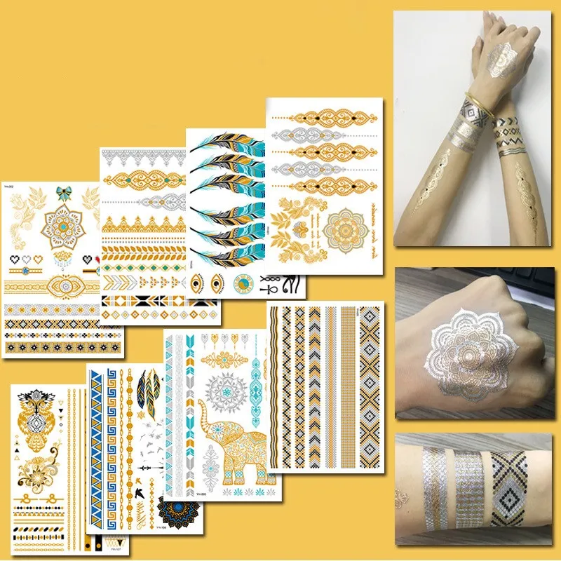 65 Designs Metallic Gold Temporäre Tattoos – Bunte Glitzer-Tattoos Mit Blumenmustern, 8 Große Blätter