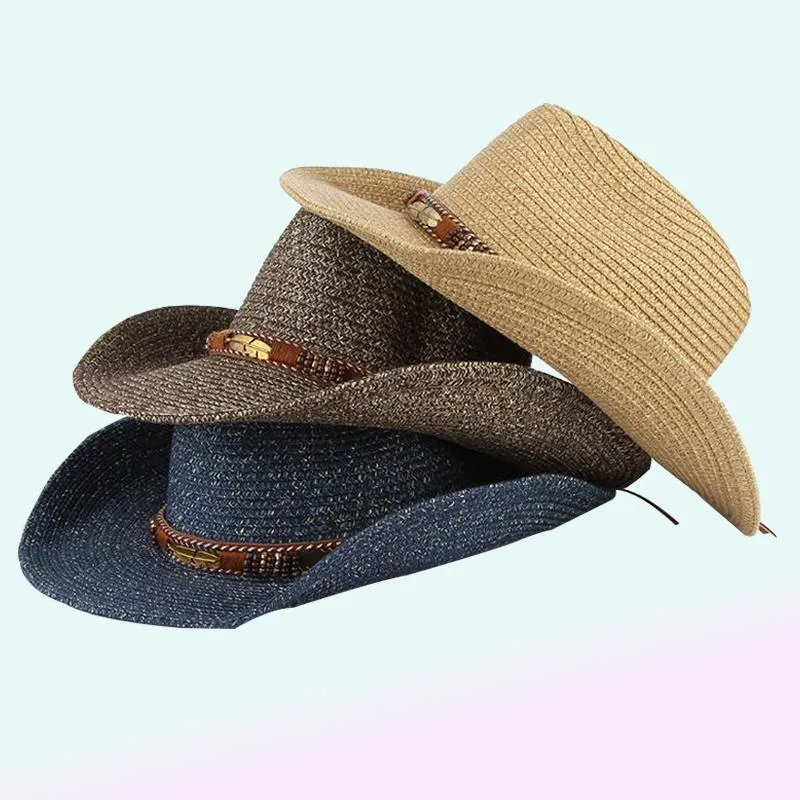 Berretti Cappello da cowboy estivo in paglia con cappello Fascia modellabile occidentale per uomo Donna Jazz Cappello da sole Fedora a tesa larga Sombrero Berretti da spiaggia Berretti