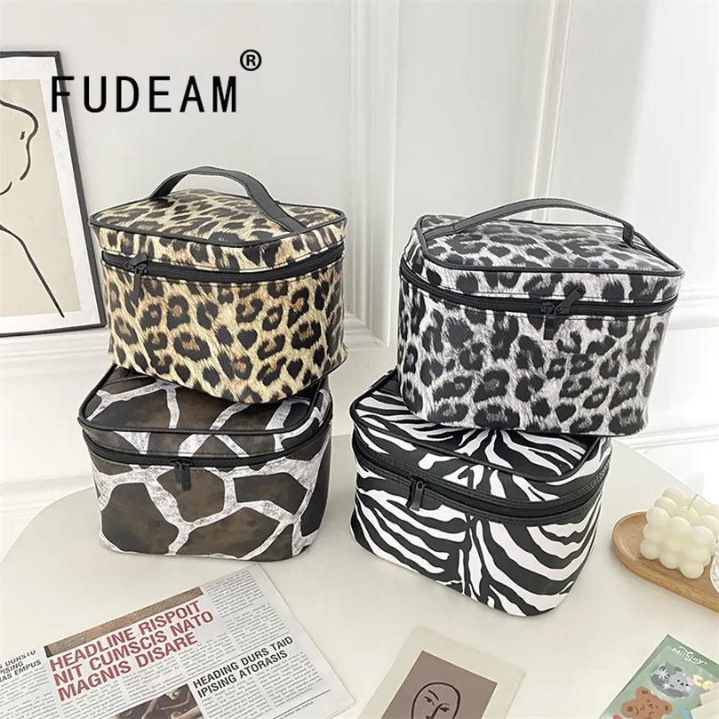 Fudeam Leather Leopard Women Cosmetic Bag Multifunction Travel Toairtries Storaginize Handbag Waterfroof Memale Makeup Case 220617
