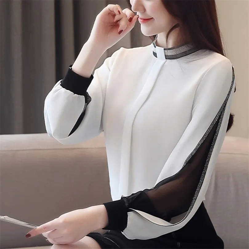 Chiffon Shirts Diamonds Sexy Hollow out Mesh harajuku Shirts Elegant Stand Collar Long Sleeve Women Tops blusas H34D 210308