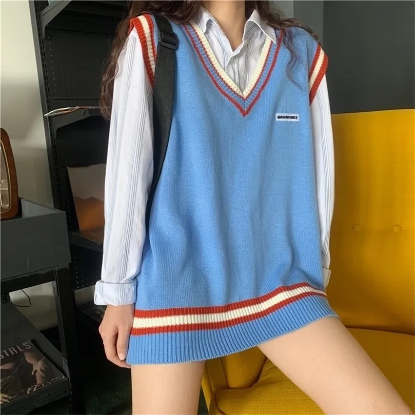 Women Sleeveless Pullover Autumn Korean Style Stripe Patchwork Casual Loose V Neck Knit Sweater Vest Waistcoat Top T362 201204
