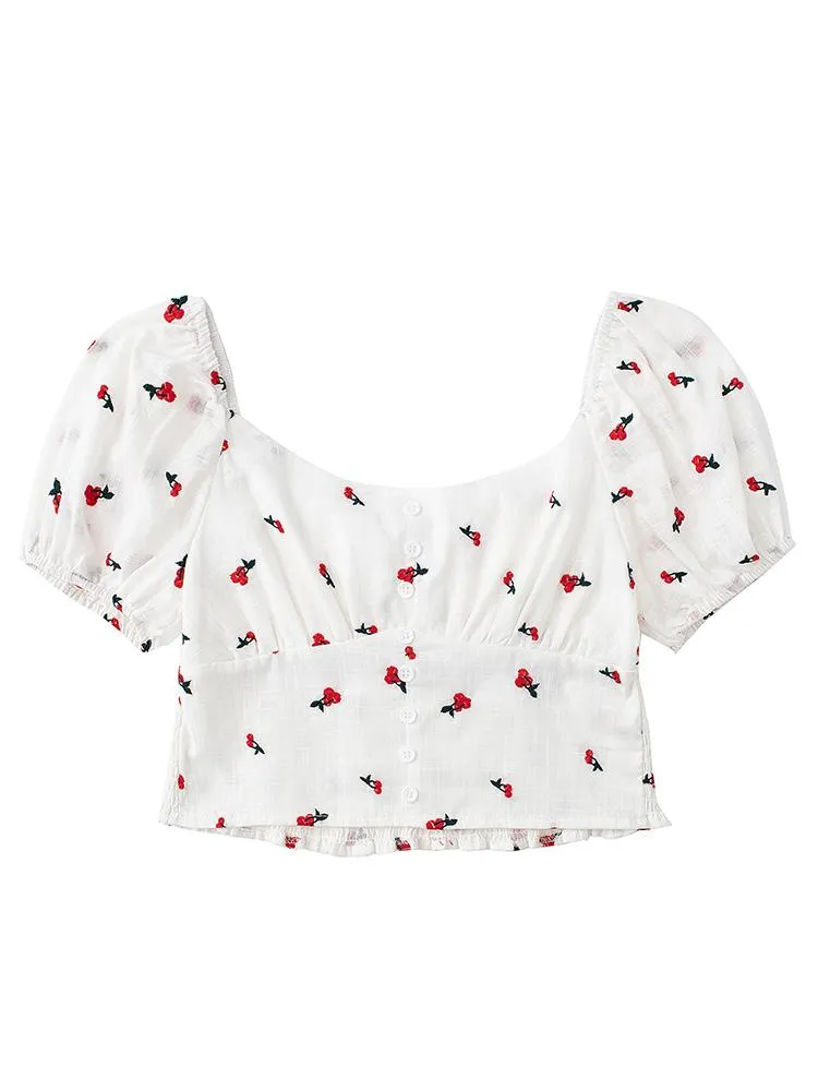 Camisas ou blusas femininas para mulheres de verão curto tampa de manga curta top bordado de cereja doce mulher escola algodão branco colheita para
