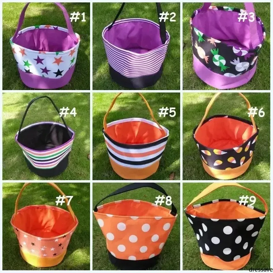 Altri accessori per feste 2022 Secchiello per Halloween Borsa per la raccolta di caramelle in poliestere a righe a pois e pipistrello per Halloween Borse per dolcetto o scherzetto di Halloween 12 modelli