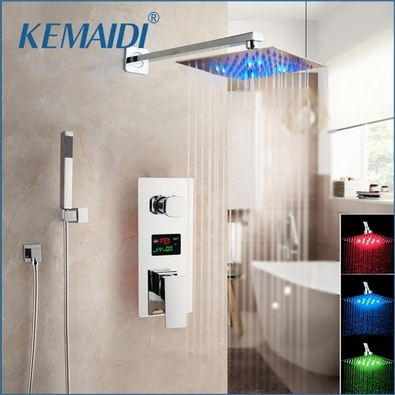 KEMAIDI Chrome Finished LED Shower Head Digital Display Mixer Taps Bathroom Faucet 3Functions Faucets Set Y200321