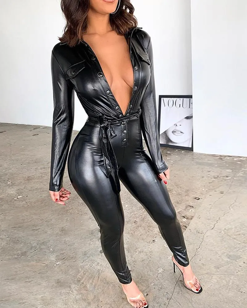 Kvinnors jumpsuits Rompers Sexy Black Deep V Neck Pu Slim Fit Faux Leather Jumpsuit med Beltwomens